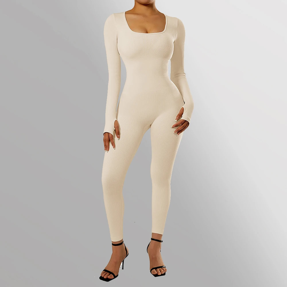 Long Sleeve Jumpsuit Women Bodycon One-piece Outfit Jumpsuit Square Neck Casual Streetwear Rompers Overalls playsuits Bodysuit 250225