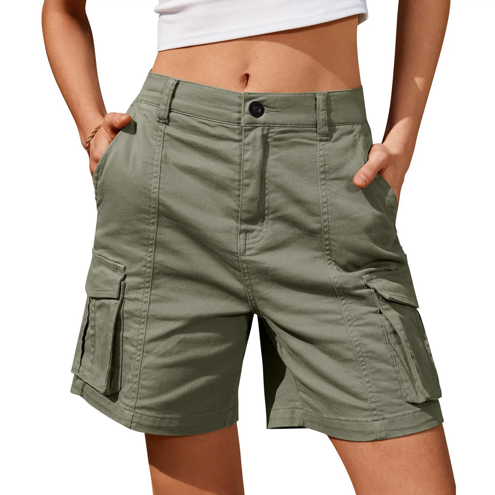 Shorts For Women Cargo Shorts Knee Length Elastic Waist Long Shorts Pants For Summer Casual American Style Streetwear 250227