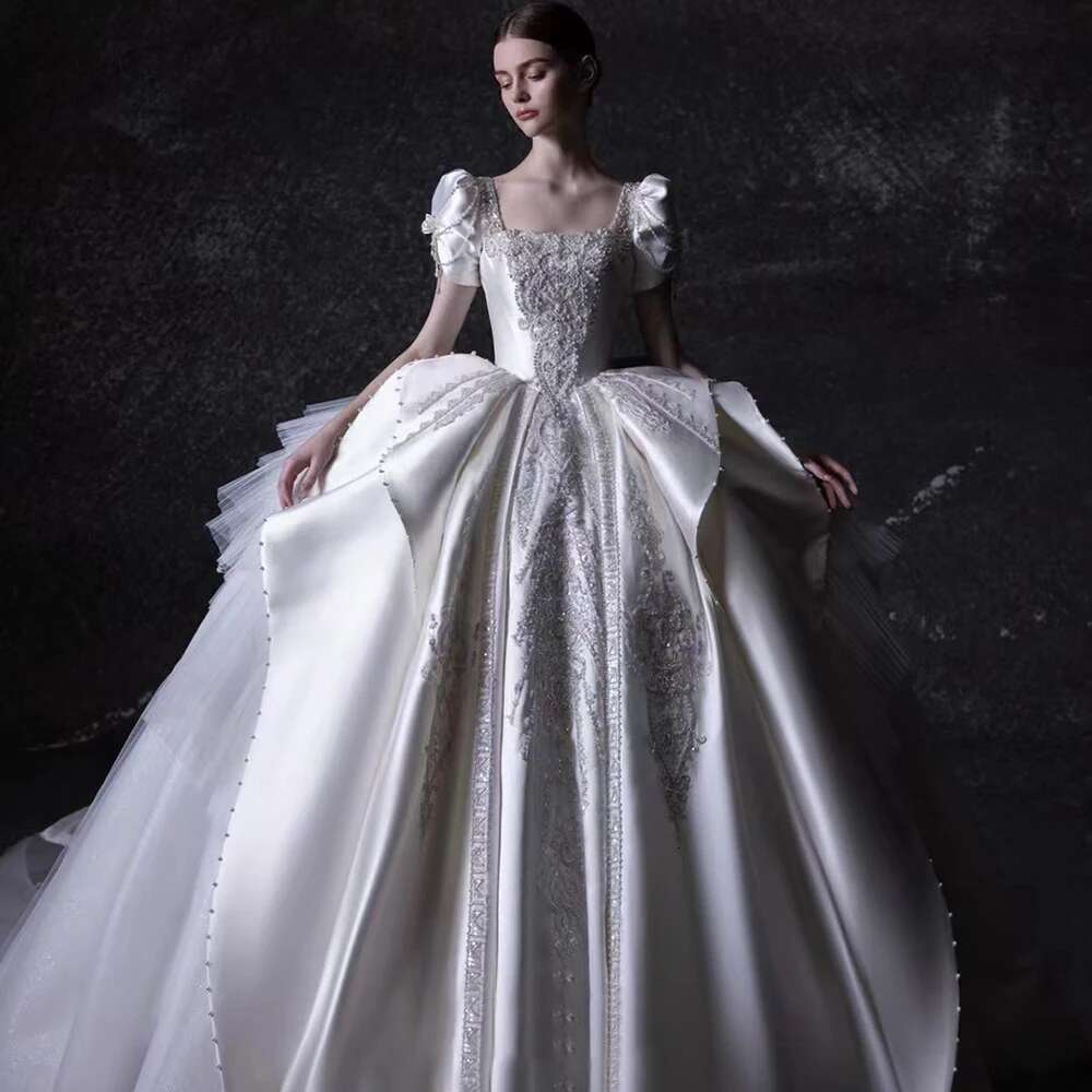 Exquisite Embroidered Square Collar Pleated Custom Short Sleeves Dresses Train Sweep Wedding Robe