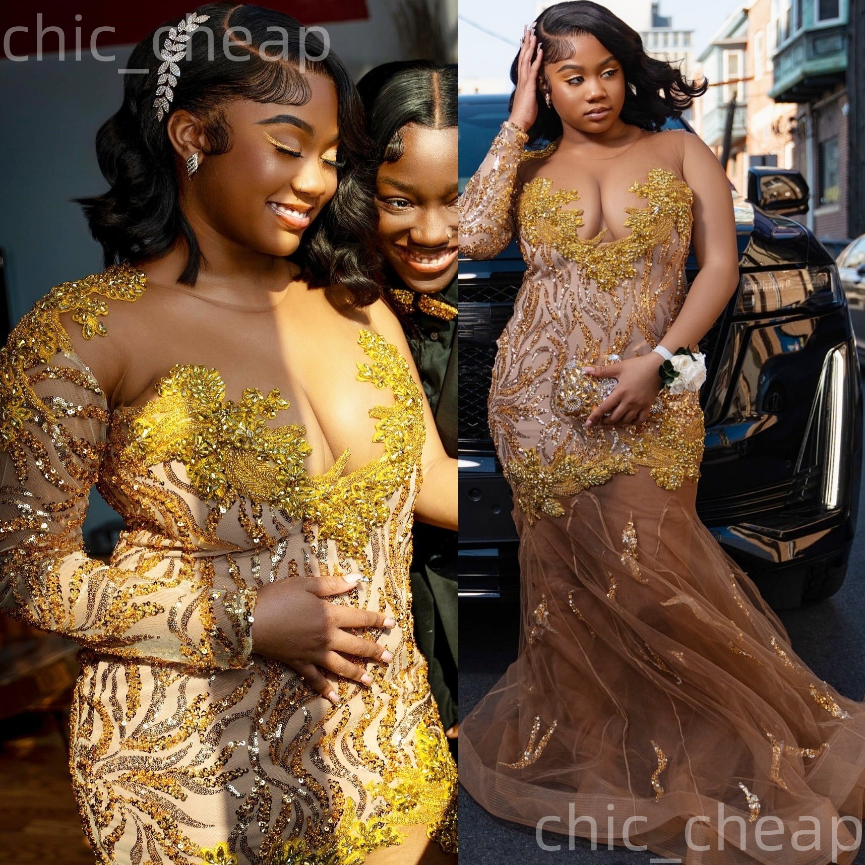 Gold Mermaid Prom Dresses 2025 Illusion Crystals Sequined Full Sleeves Evening Formal Party Second Birthday Engagement Gowns Plus Size Dress For Speci
