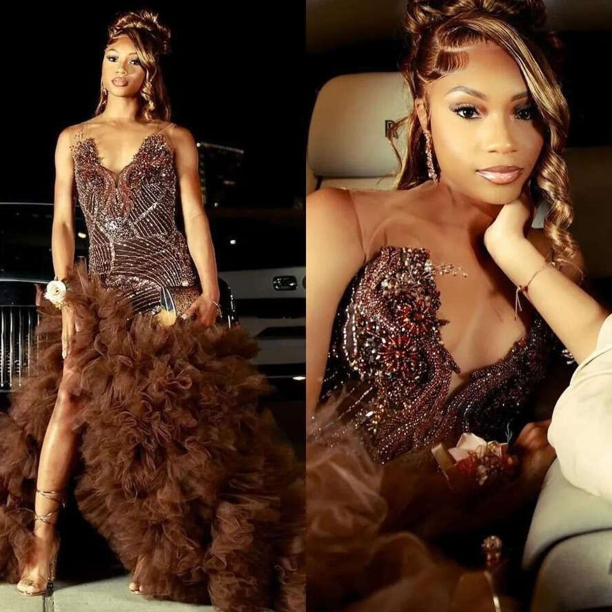 Brown Mermaid Prom with Black Sheer Jewel Neck, Beaded Crystal Evening Gown, Tiered Ruched Skirt Split, Elegant Formal Dress for Women