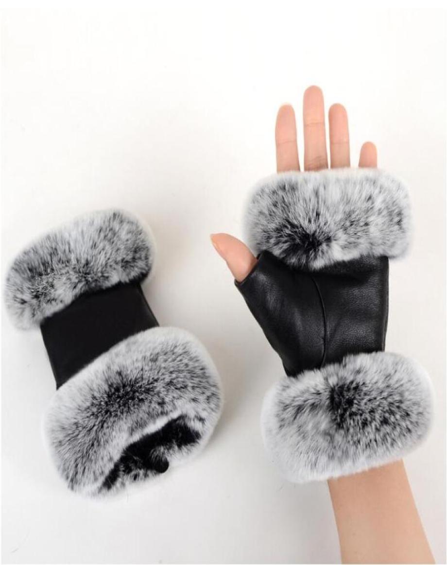 Outdoor autumn and winter women039s sheepskin gloves Rex rabbit fur mouth halfcut computer typing foreign trade leather clothi9890411