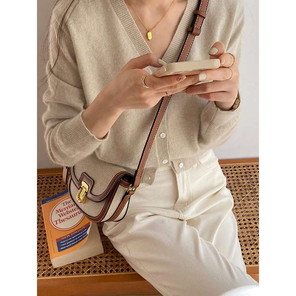 Small 2025 New Style Contrast Panel Canvas Retro One Shoulder Crossbody Saddle Bag