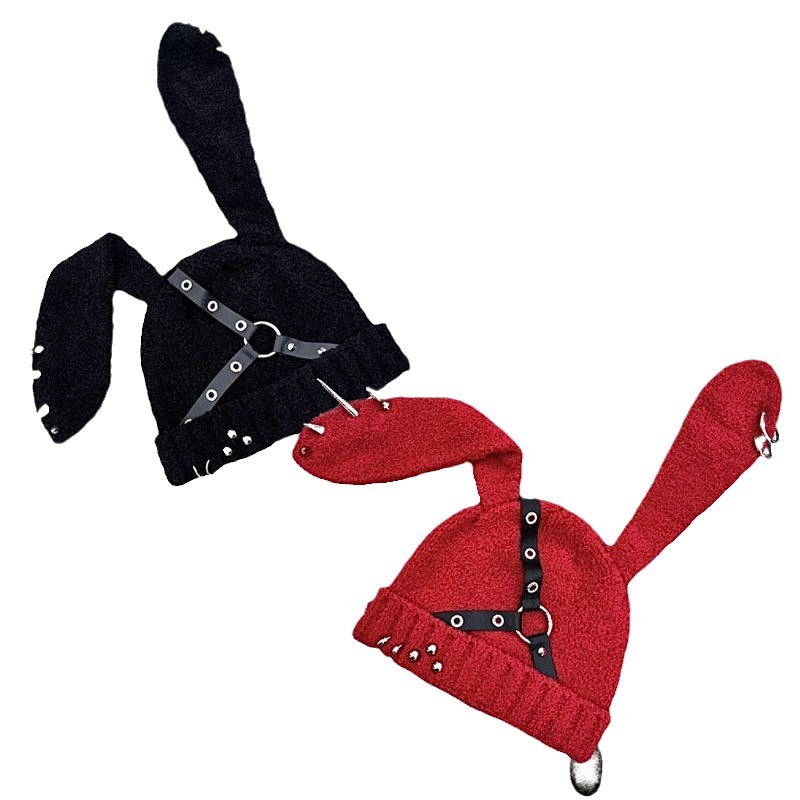 Beanie Skull Caps Christmas Rabbit Ear Hat Autumn/Winter Design Rivet Leather Buckle y2k Punk hat
