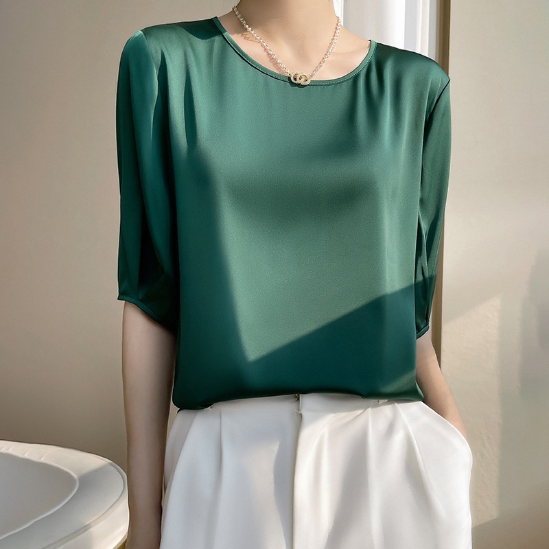Breathable silk satin spring and summer new women's clothing round neck loose solid color acetic acid satin versatile T-shirt top