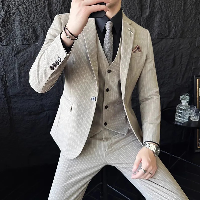 2023 Fashion Men Casual Boutique Business Striped Slim Fit Wedding Dress Suit Coat Set Male 3 Pcs Blazers Jacket Pants Vest 250224