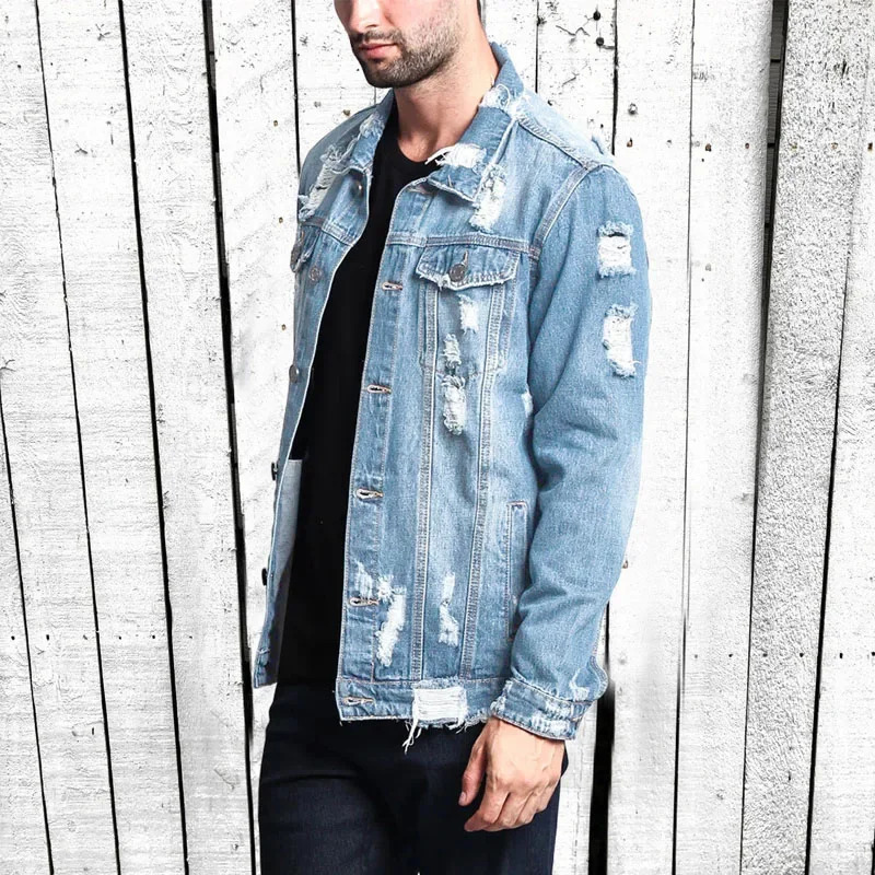 Street Fashion Ripped Denim Jacket Mens Classic Vintage Denim Jacket Fall Winter Worn Torn Denim Jacket Hip-hop Skateboarding 250225