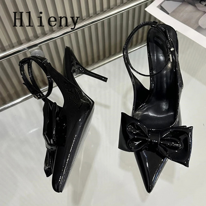 White Wine Red Ankle Strap Stilettos For Woman Patent Leather Bow Pointed Toe Slingbacks High Heels Sandals Women Pumps Shoes w250228