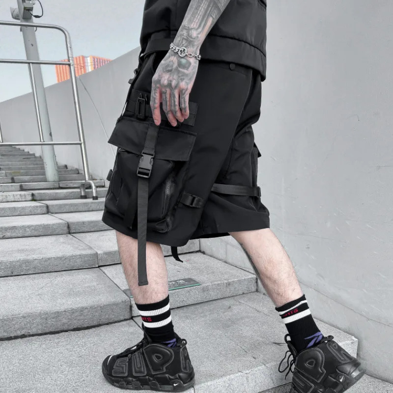 Multi Pockets Street Punk Hip Hop Cargo Shorts Mens Tactical Techwear Knee Length Wide Leg Short Pants 250225