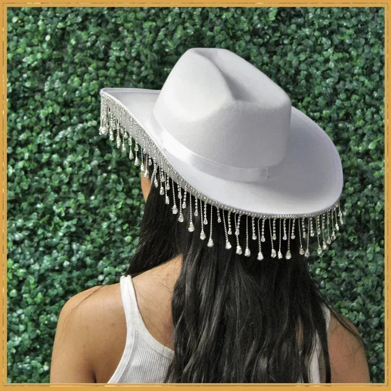 Rhinestone Fringe Western Cowboy Hat Tiara Cowgirl Hat Western Style Girl Wide Brim Felt Cowgirl Cap Costume Cosplay Party Hats 250227