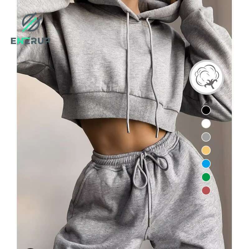 Enerup High Quality Women's Cropped Sweatshirts Plain Pullover Girls' Hoodies Set
