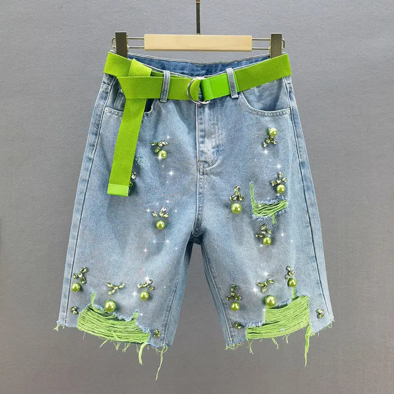 Green Hole Denim Shorts Women Summer Pearl Diamond Decoration Raw Edge Short Jeans Chic High Waist Loose Straight Denim Shorts 250227