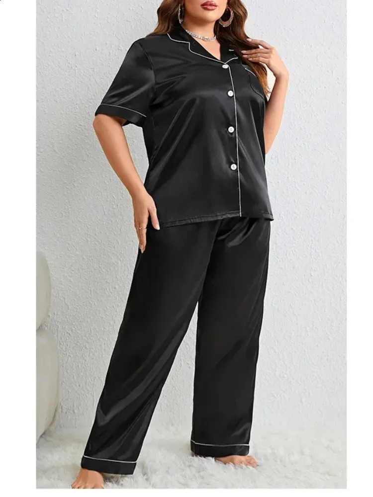 Plus Size Silk Satin Women Pajama Sets Solid Short Sleeves Top Long Pants 2 Pieces Sleepwear Notched Collar Button Nightwear 250226