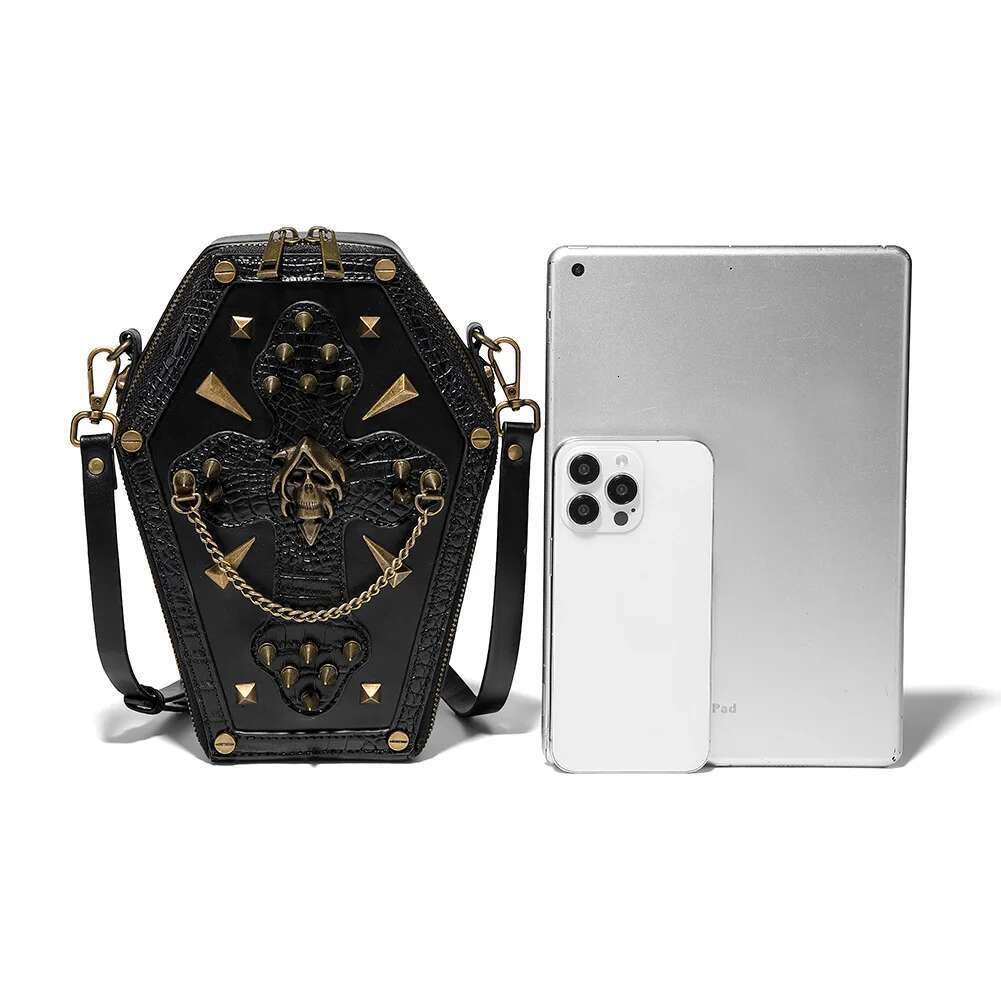 Trendy Black Girl Crossbody Coffin Europunk Unisex Biker Fashion Skull Head Ladies Shoulder Bag Rivet Decoration Sewing