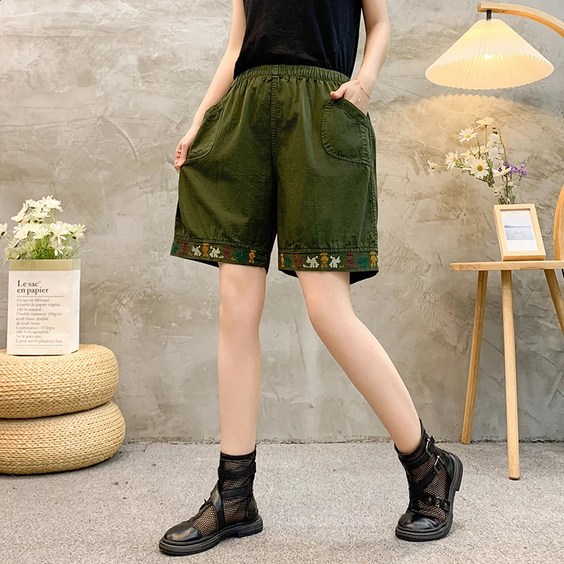 Plus Size Commute Summer Thin Cotton Elastic Pants Solid Spliced Pockets Epaulet Loose Straight Casual High Waist Shorts 250228Z