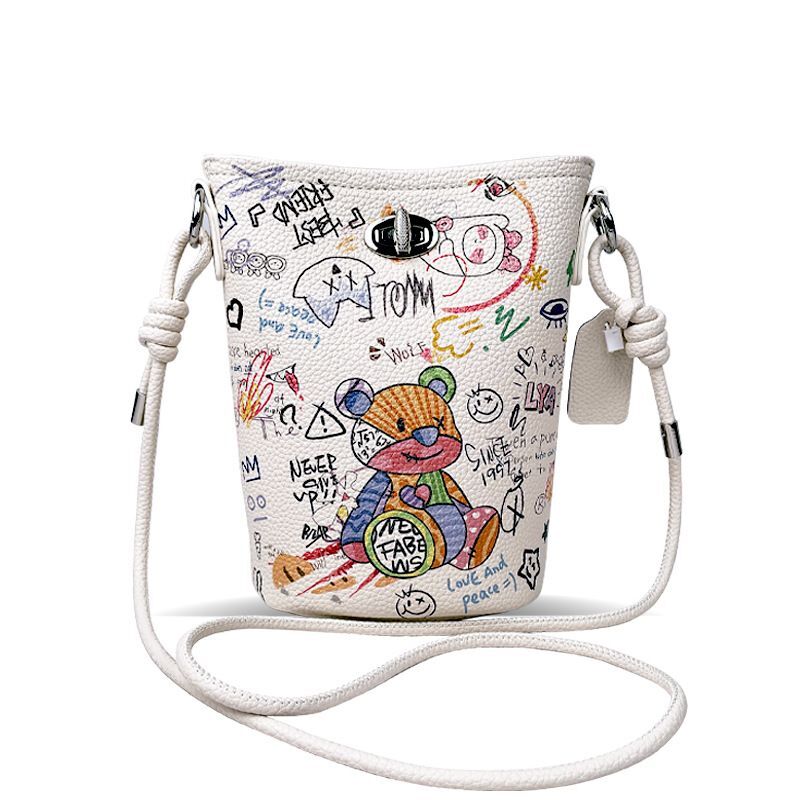 Women's bag Design Graffiti Bear Bucket Fashion Versatile Underarm Portable Messenger Mobile Phone Bag