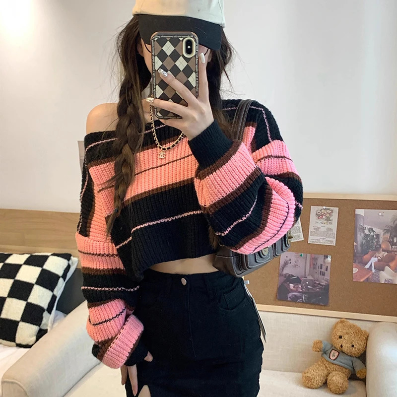 Womens Striped Jumper Vintage Female Autumn Long Sleeve Casual Cropped Sweater 250225