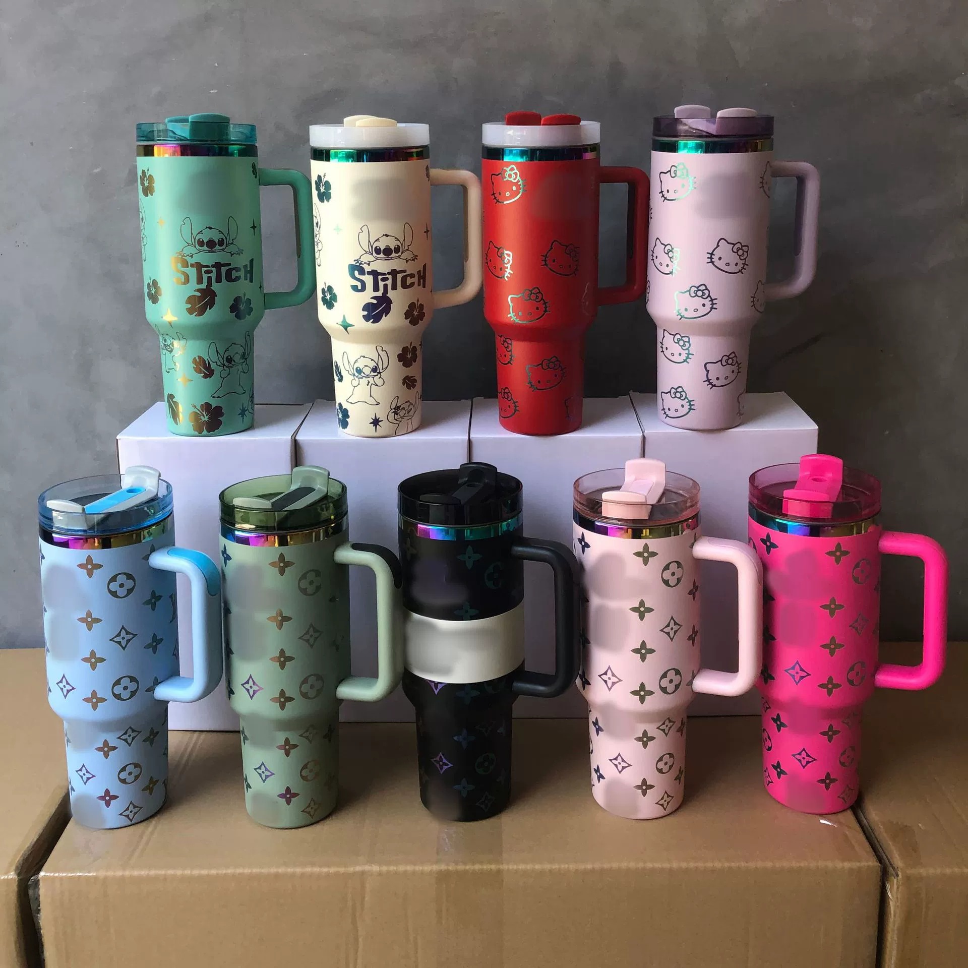 US Stock 40oz Tumblers New Arrival Blue Magnolia Pink Rose Keep Cold Hot Cups 40 oz cup with handle straw coffee Water Bottles Gift Cups