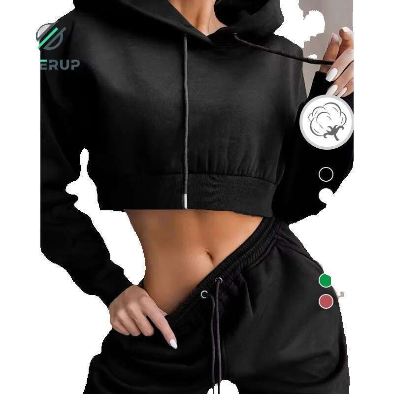 Enerup High Quality Women's Cropped Sweatshirts Plain Pullover Girls' Hoodies Set