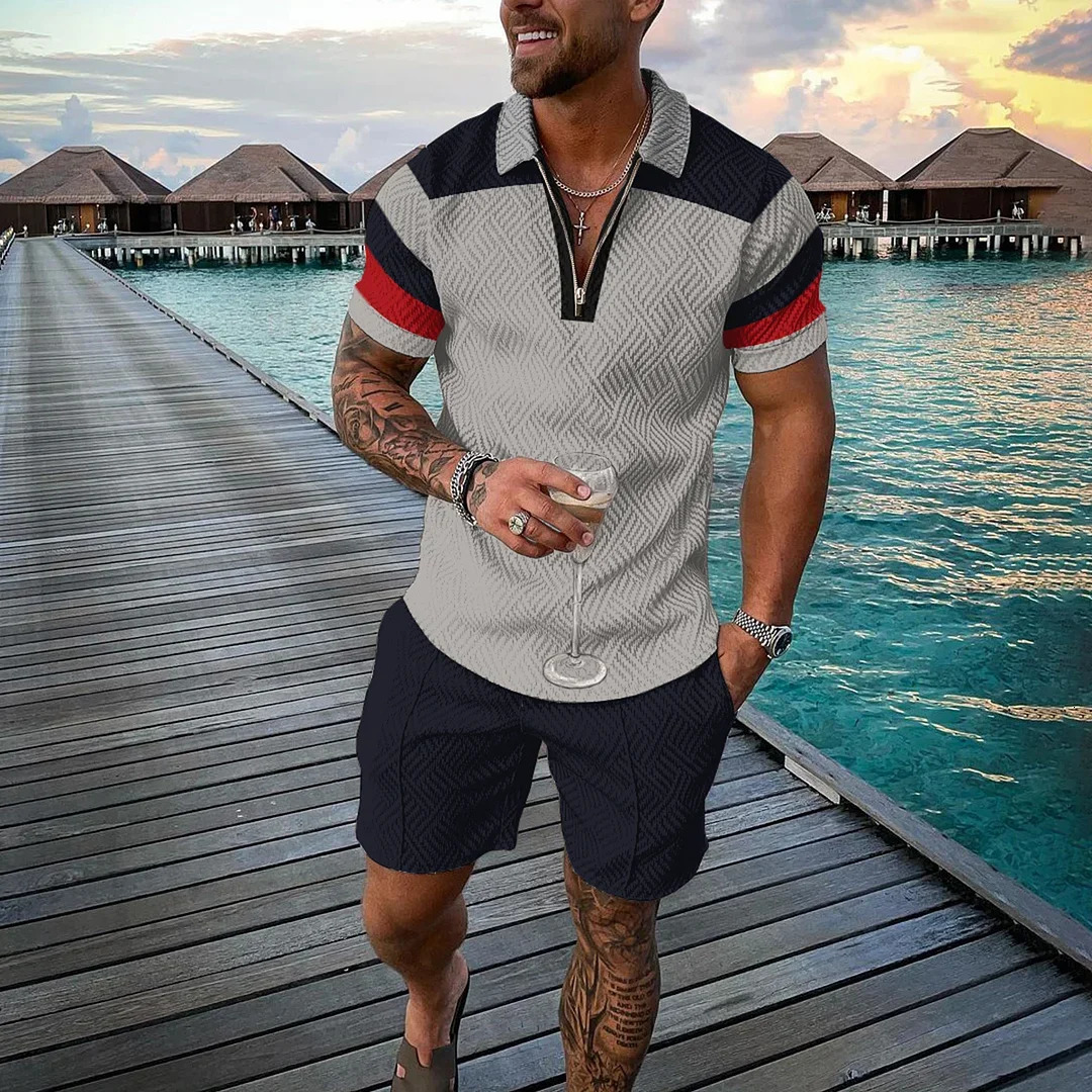 Men Tracksuit Summer 3D Printed Beach Zipper Polo Shirts Shorts 2pcs Sets Boho Geometric Style Holiday Clothing High-quality 250224