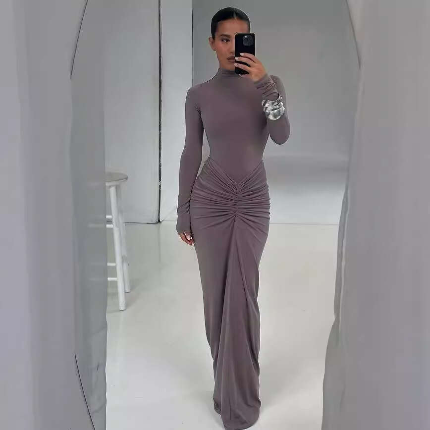 European American autumn winter temperament socialite private dress standing collar sleeved waist slim fit bag hip cinched pleated long skirt 2025 new