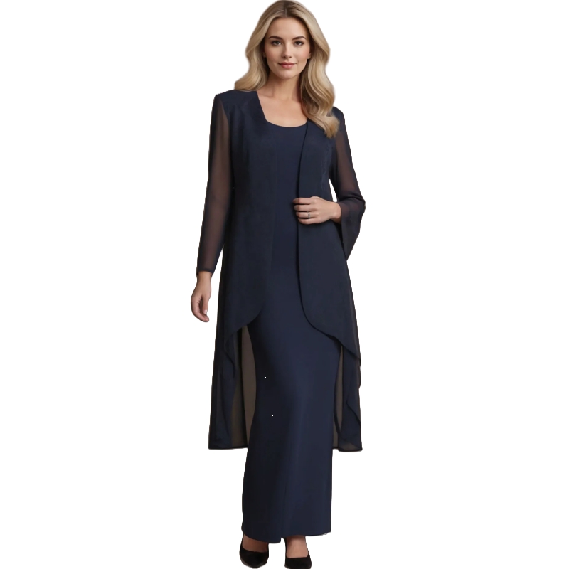Elegant Dark Navy Mother Of The Bride Dresses Suits With Long Jacket Full Sleeves Ankle Length Simple Long Wedding Guest Gowns 2025 Groom Mom Formal W