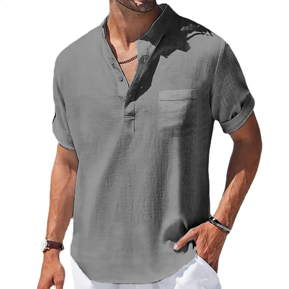 Summer Mens Cotton and Linen Shirts Short-Sleeved T-shirt Henry Collar Casual Mens T-shirts Shirt Male Men Clothing 250224