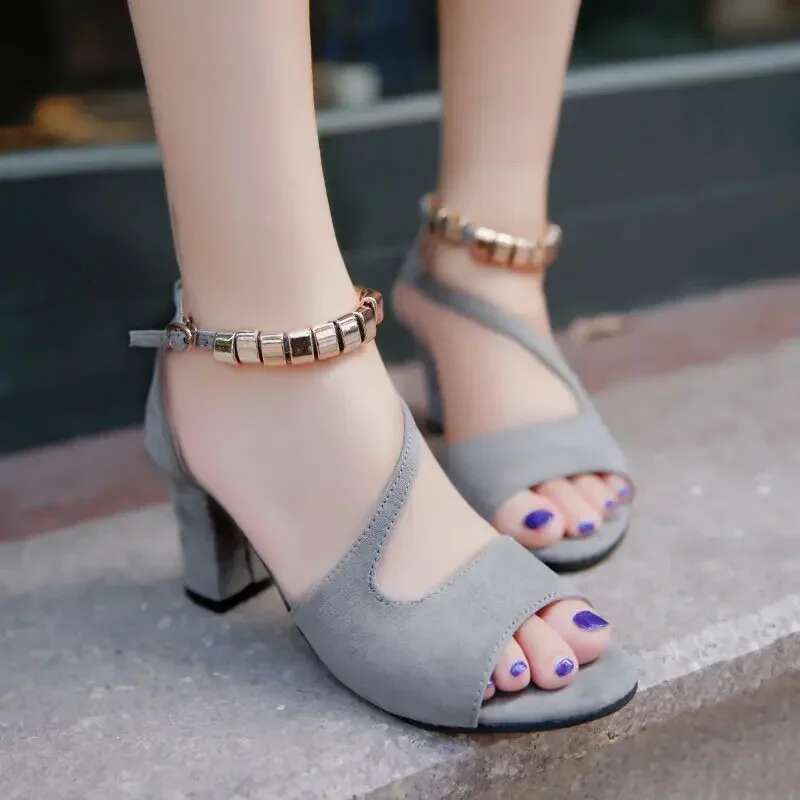 Spring Fish 2025 Mouth Hollow Roman Thick Word With Beaded High Heels Summer Sexy Female Sandals