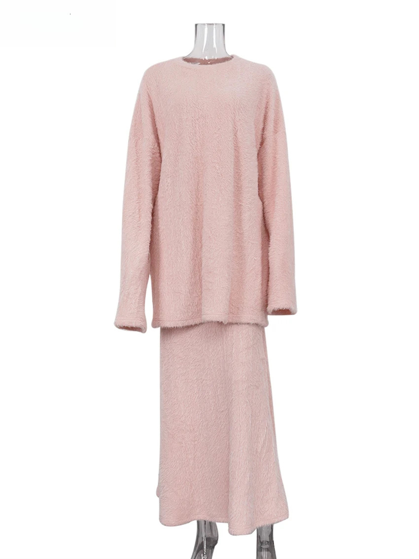 Casual Loose Pink 2 Piece Sets Women Outfit 2024 Elegant Long Sleeve Shirt With High Waist Ankle Length Skirt Set Female