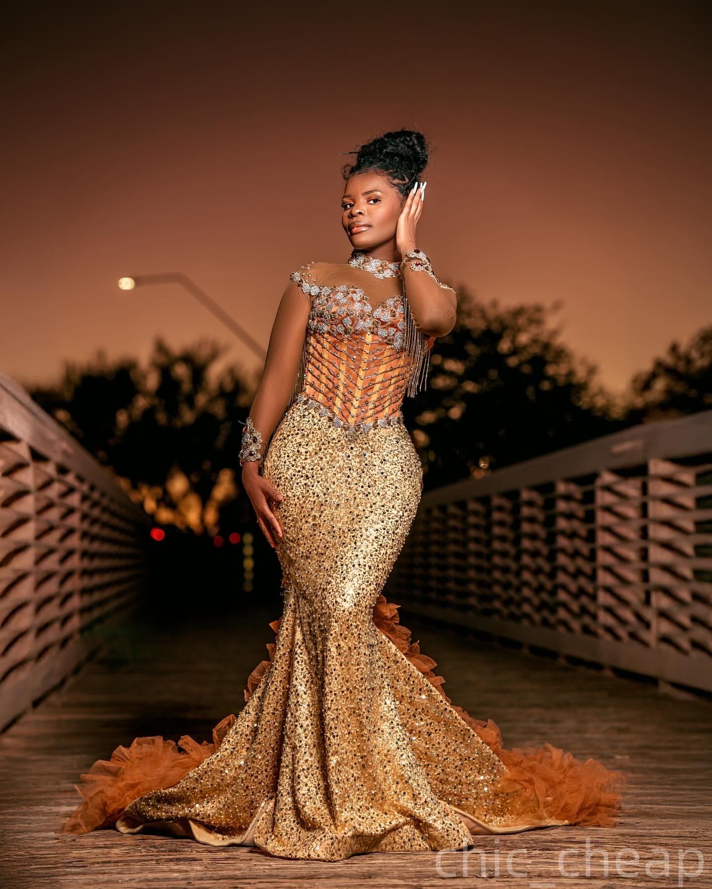 Gold Mermaid Prom Dresses 2025 Lace Beaded Sequined Full Sleeves Evening Formal Party Second Birthday Engagement Gowns Plus Size Dress For Special Occ