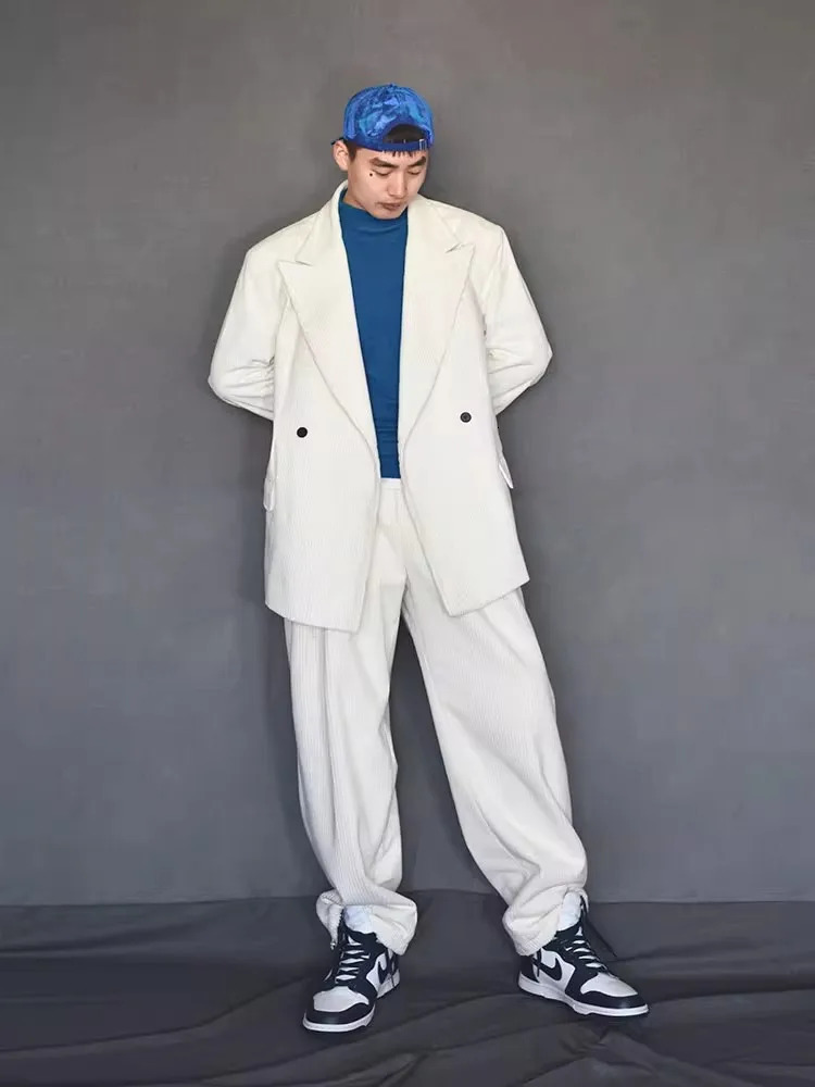 er Autumn Business Men Work Suit Set Loose Fit Velvet Blazer Wide Leg Pants Two Piece Set Groom Wedding Dress Suits 250224