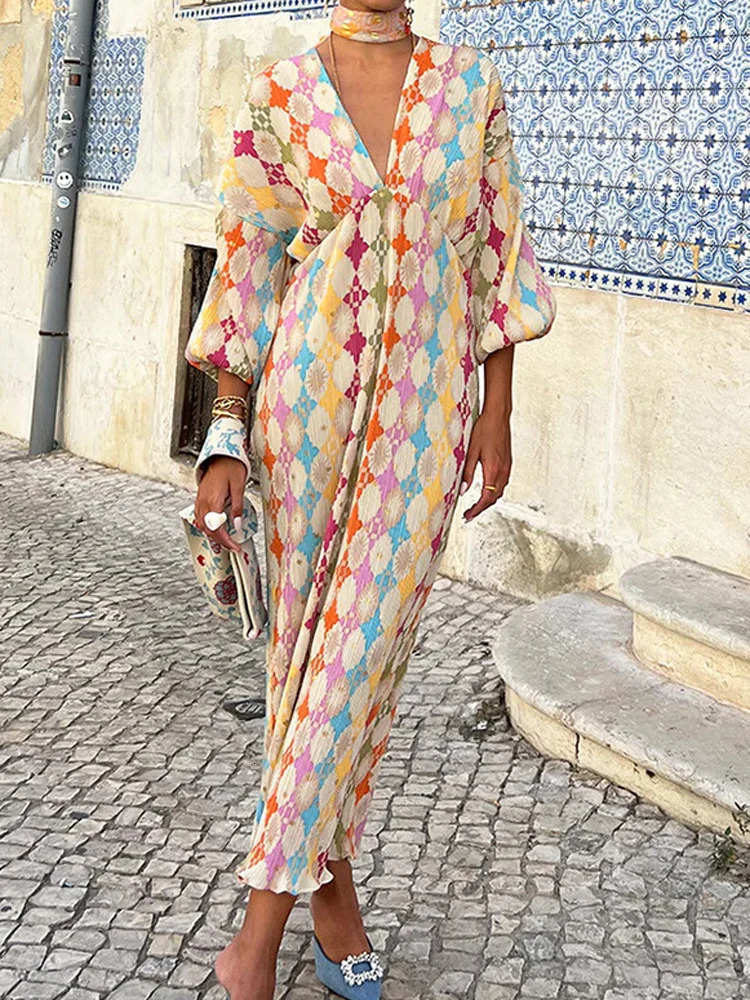 Summer Women Geometric Patterns Print on Dress V-neck Puff Sleeve Loose Pleated Midi Dress Female Robes Plus Size S-3XL 250226