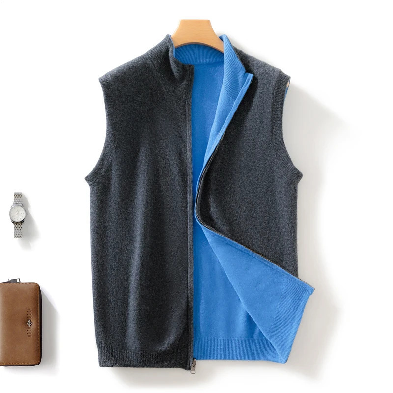 mens 100 wool vest solid color knitted sleeveless cardigan semi high neck sweater casual doublesided jacket 250225