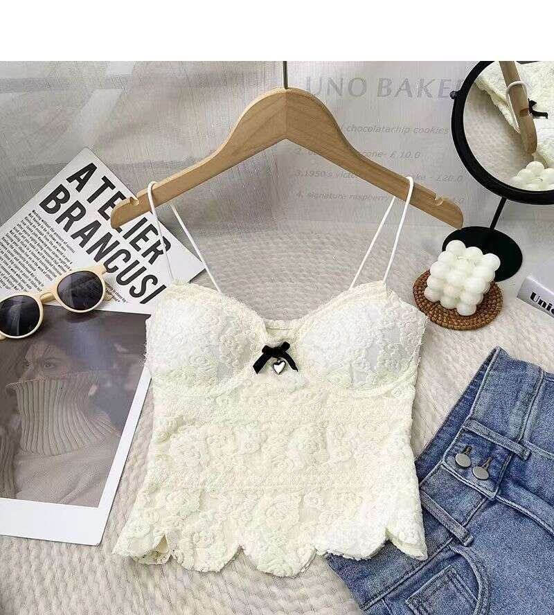 Pure desire, sexy bow, lace women's versatile and beautiful camisole, chest cushion, anti glare, strapless short top