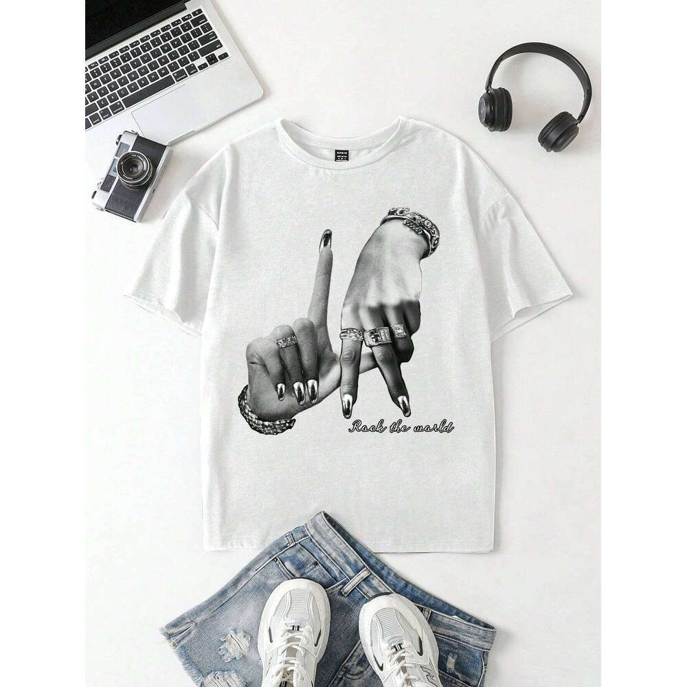 Casual minimalist Los Angeles gesture printed loose round neck short sleeved women's T-shirt suitable for autumn and summer
