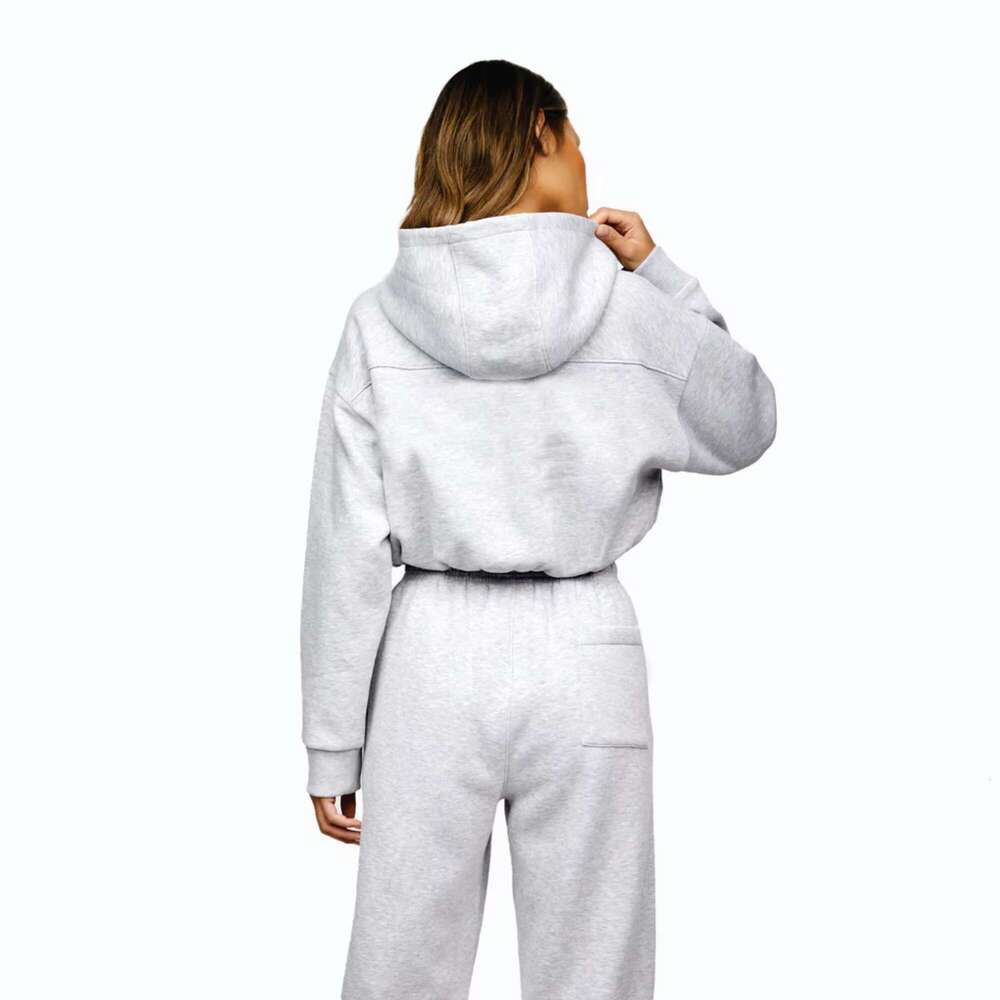 Women's Heather Grey Cropped Hoodie - 65% Cotton, 35% Polyester, Full Zip Athletics Club Tracksuit Top