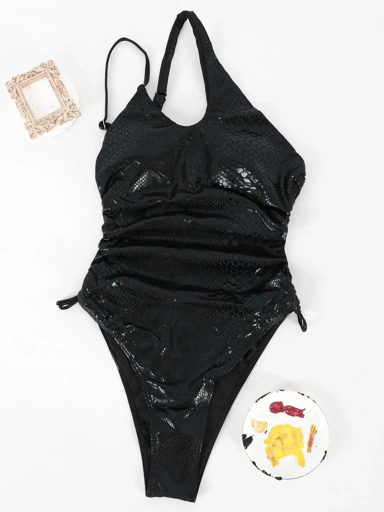 Sexy One Shoulder Swimsuit Women White Snake Print Hollow Out Pleate One Piece Swimwear Bathing Suit Tummy Control Monokini 250227