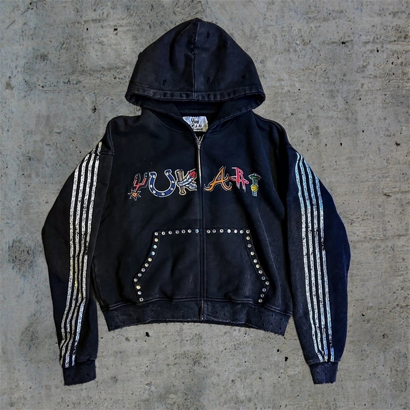 Y2K Classic Stripes Graphic Print Oversized Zipper Hoodie Harajuku Distressed Black Hooded Sweatshirt Gothic Clothing Men Women 250227