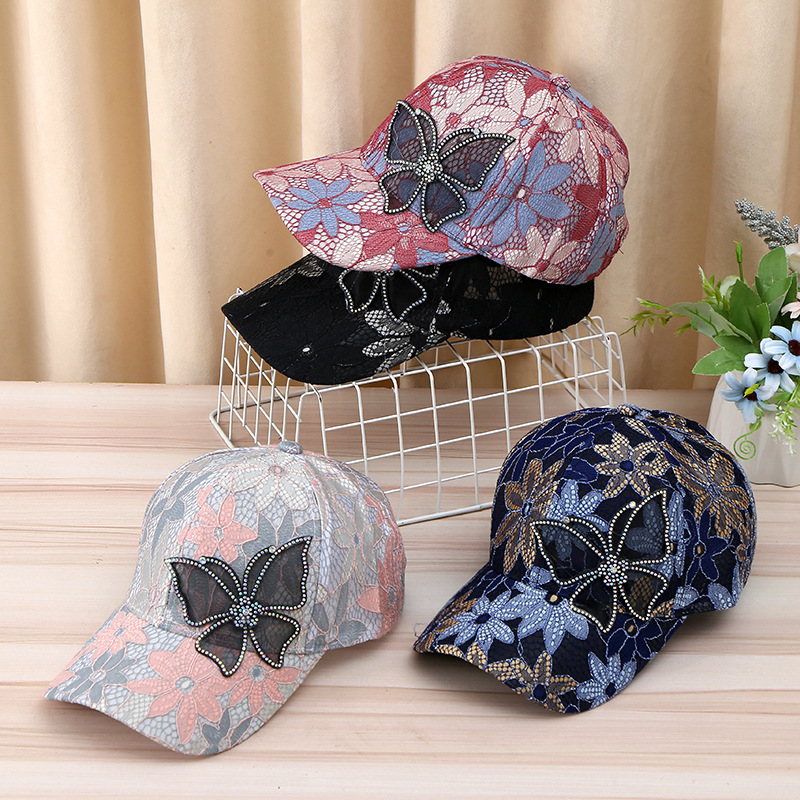 New mesh breathable duck tongue cap female senior sense of fashion lace bow rhinestone baseball cap sunscreen sun hat