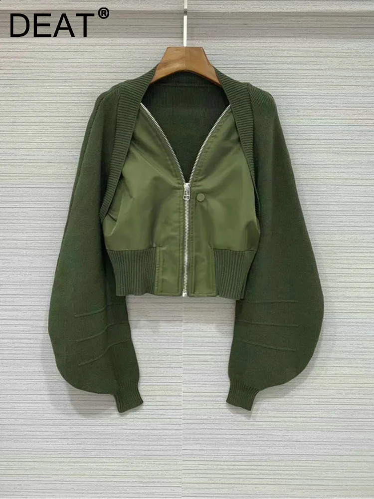 DEAT Knitted Spliced Stretch Short Jacket Womens Autumn Fashion Loose Leisure Zipper n Coat Female CP1746 250227