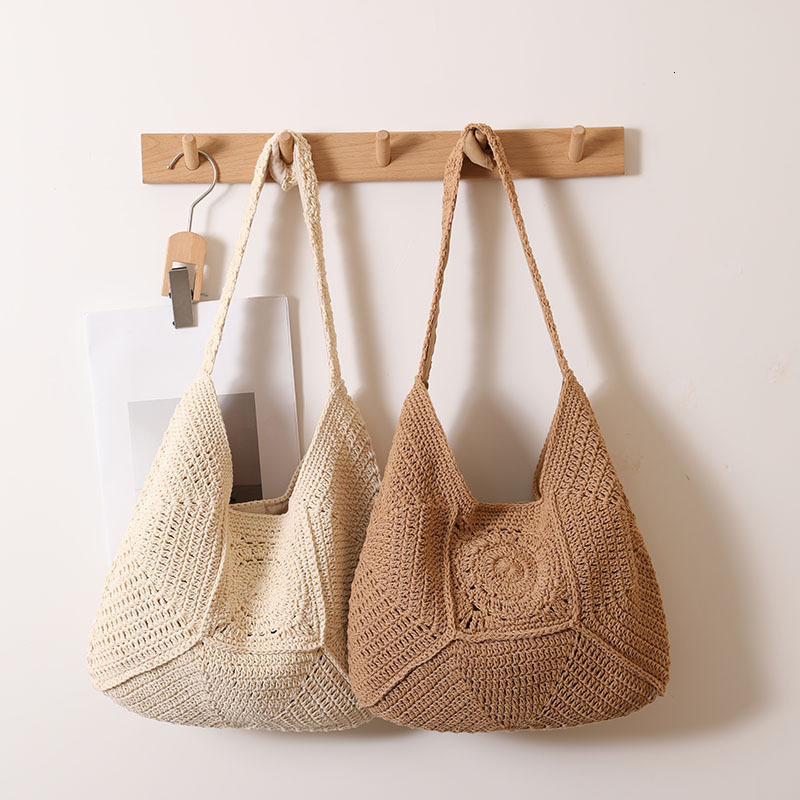 2025 High end single shoulder large capacity cotton thread with hollowed out flower grass woven vacation style beach bag, versatile women's bag #