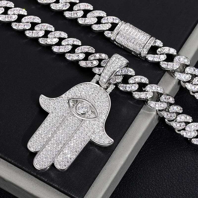 D VVS Moissanite Hamsa Hand Evil Eye Pendant Necklace For Women Men Iced Out Cuban Chain Sterg Sier Hip Hop Jewelry