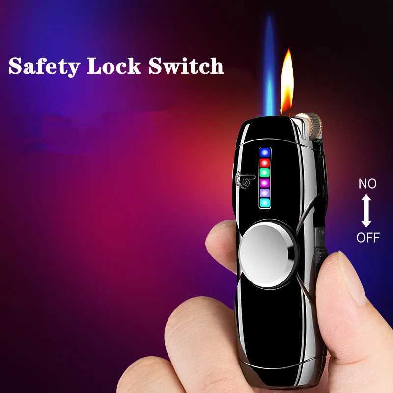 Creative LED Fidget Gyro Butane Gas Lighter Outdoor Windproof Metal Turbo Jet Cycle Use Blue Flame Torch Lighter Mens Gift X250228