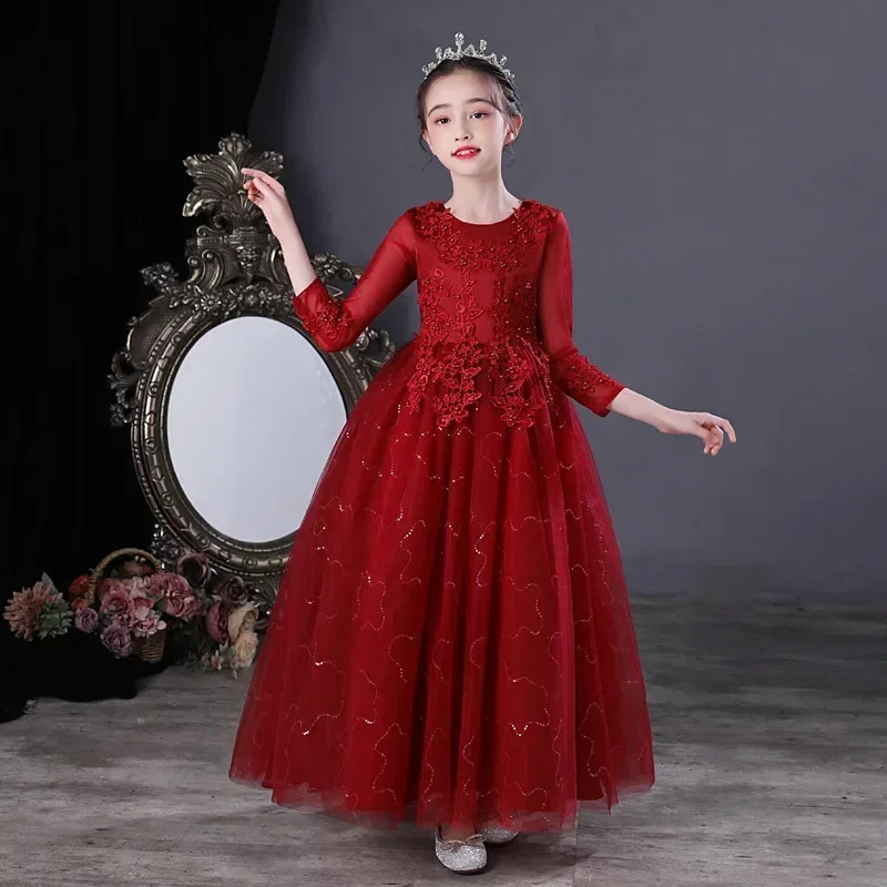 Fashion Flower Girl Dresses for Weddings Lace Long Sleeve Children Bridesmaid Dresses Summer Girls Party Dresses 3-13 Years 250227