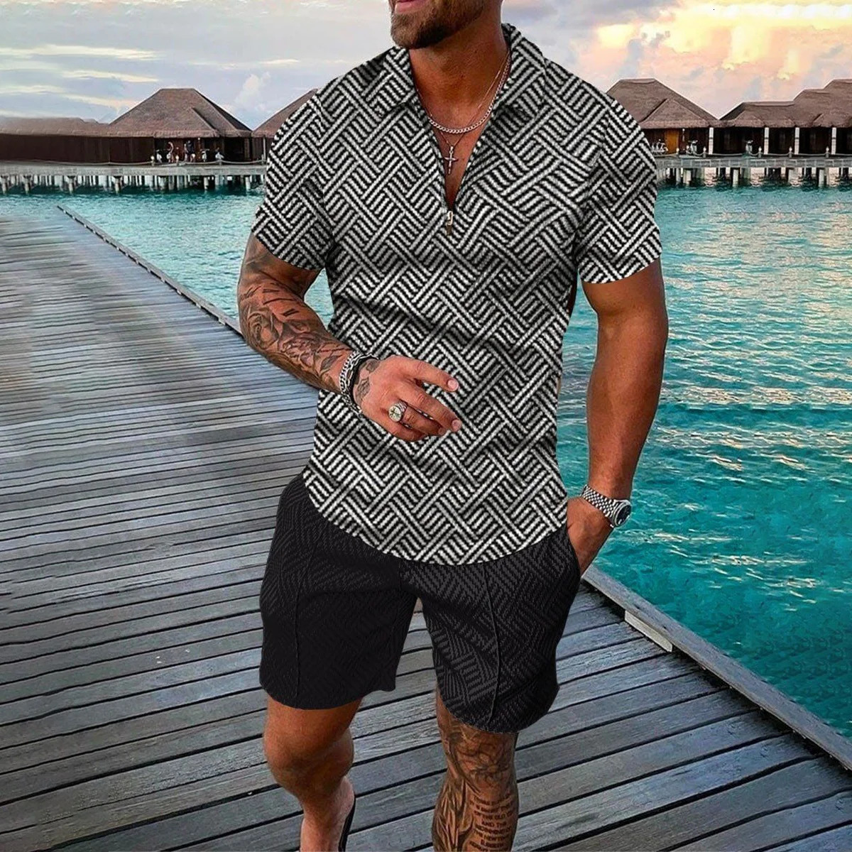Men Tracksuit Summer 3D Printed Beach Zipper Polo Shirts Shorts 2pcs Sets Boho Geometric Style Holiday Clothing High-quality 250224