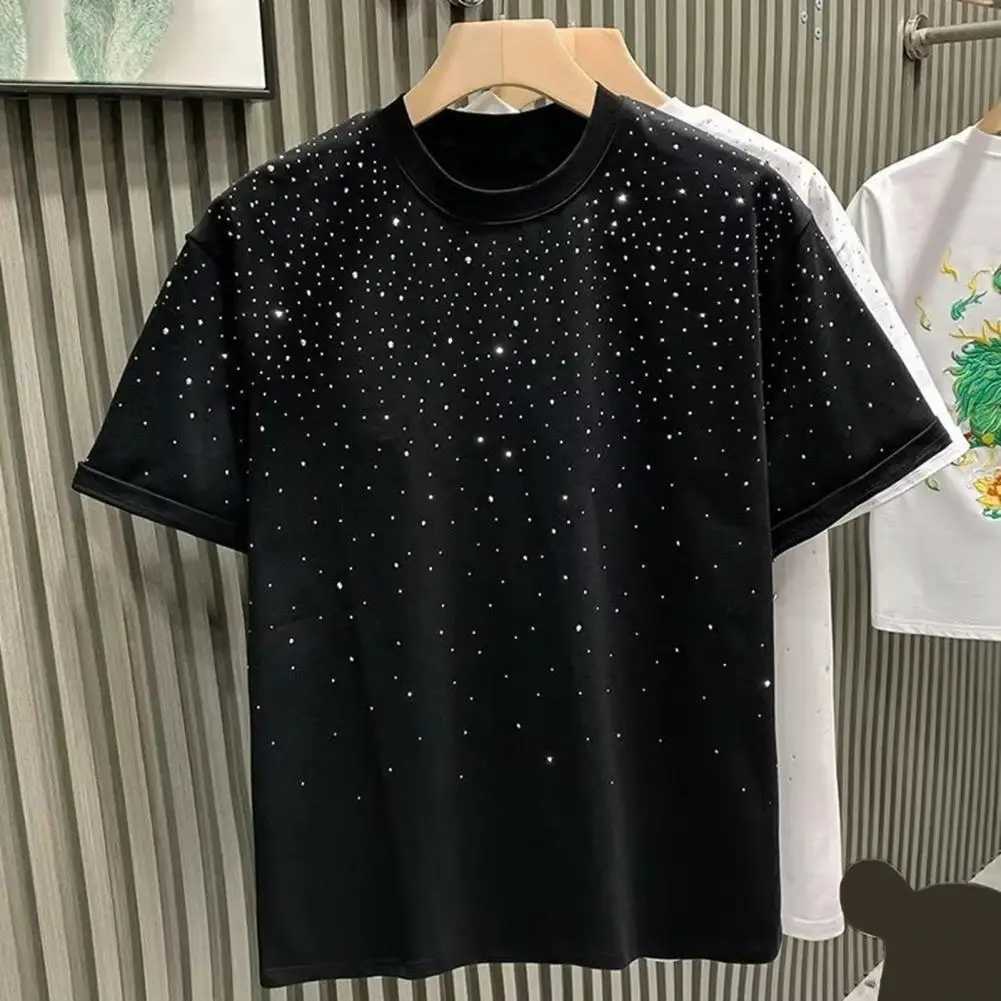 Loose Fit Men Top Men Rhinestone Design T-shirt Stylish Rhinestone-decorated Unisex Couple T-shirts Loose-fit for WearT250227