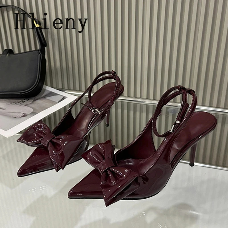 White Wine Red Ankle Strap Stilettos For Woman Patent Leather Bow Pointed Toe Slingbacks High Heels Sandals Women Pumps Shoes w250228
