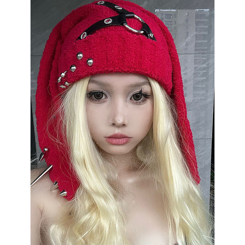 Beanie Skull Caps Christmas Rabbit Ear Hat Autumn/Winter Design Rivet Leather Buckle y2k Punk hat