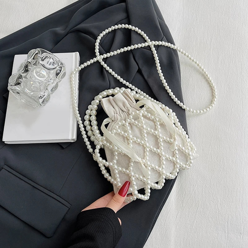 Handmade Pearl Bag Sweet Shoulder Tote Bead Handbag Women 2024 Summer Party Small Bucket Purse 250221
