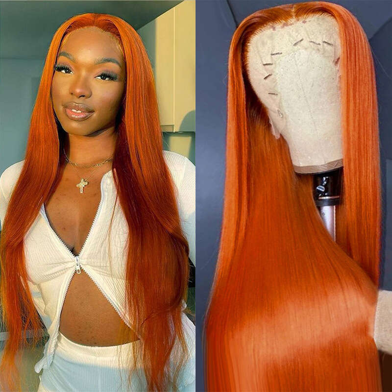HD Front Lace Wig Hand Woven Front Lace Wig For Women With Long Straight Hair And Real Hair Lace Human Hair Orange Headband